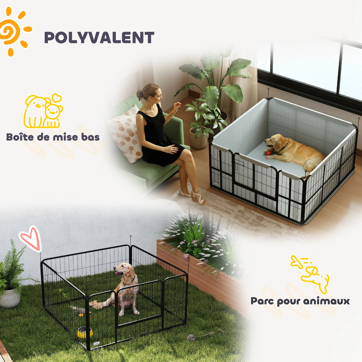 Parc de mise bas pour chien caisse de mise bas pour chiens avec porte tapis de propreté lavable 122 x 122 x 60 cm noir