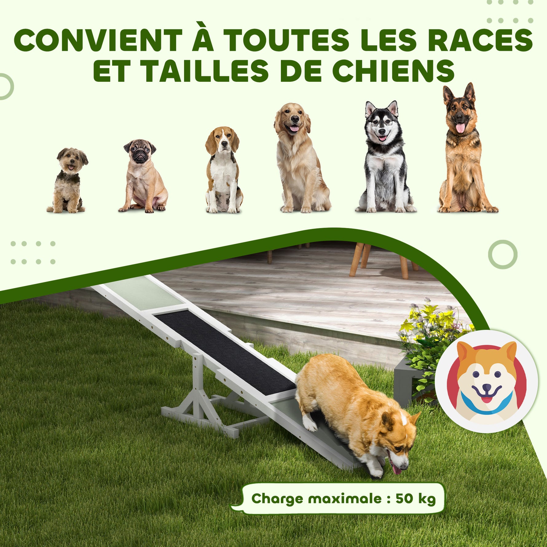 Agility sport pour chien bascule équipement entrainement chien antidérapant 180 x 30 x 30 cm gris blanc