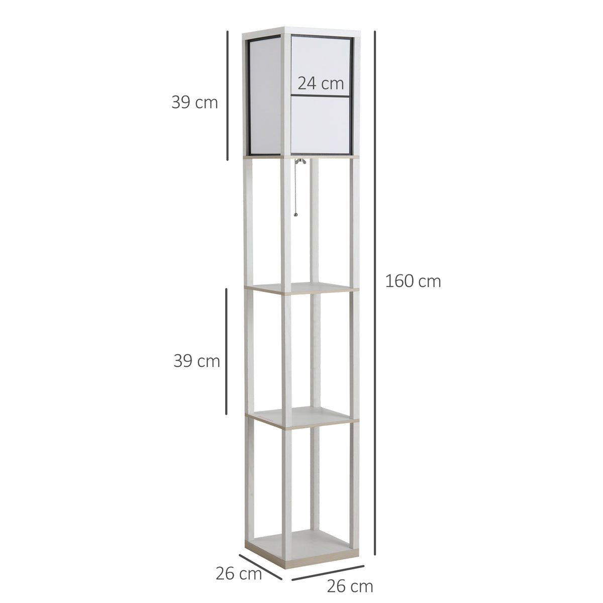 Shelf floor lamp 26L x 26W x 160H cm 3 shelves 4 levels White MDF