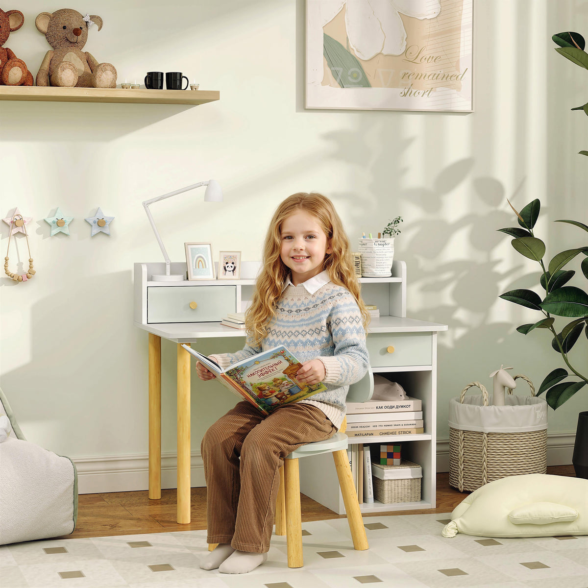 Bureau enfant avec chaise, table enfant et chaise avec 2 tiroirs et étagères ouvertes, 85 x 48 x 73 cm, vert