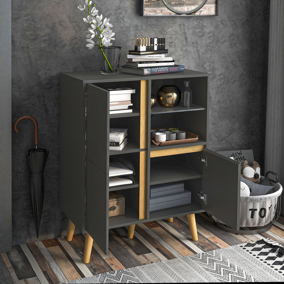 Meuble de rangement design modene avec étagères réglables et pieds en bois massif 70 x 40 x 96,1 cm gris foncé