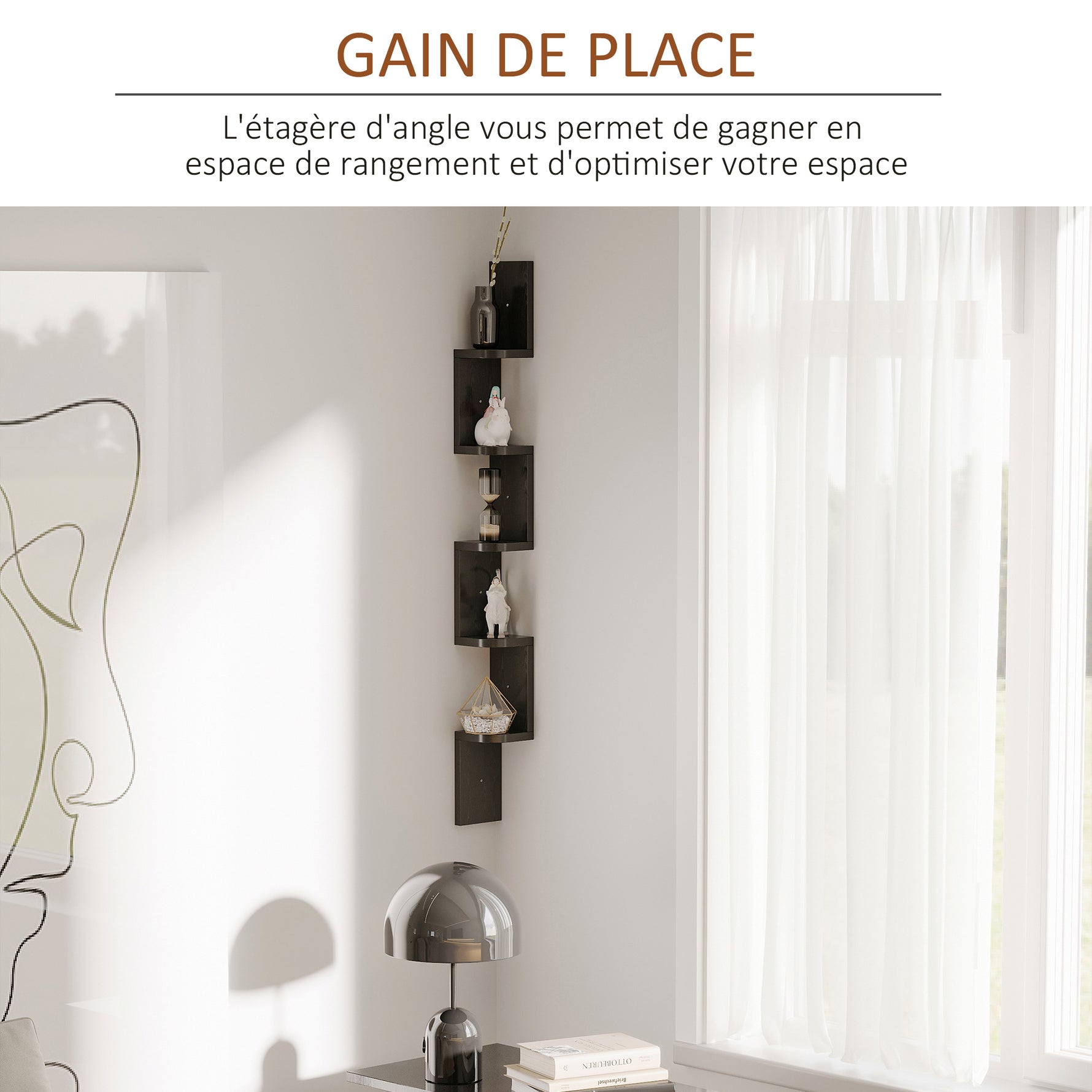 Étagère d'angle Murale à 5 Niveaux Hauteur 120 cm Forme de Zigzag en Bois Noire