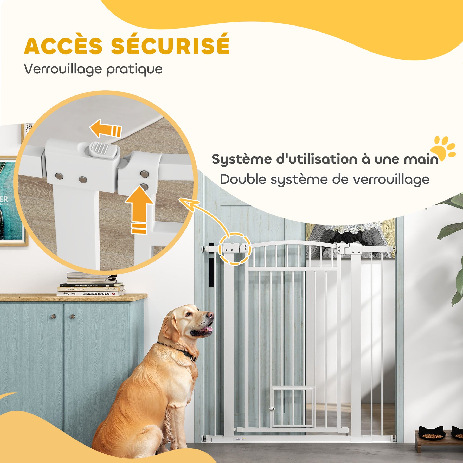 Barrière pour chien, largeur ajustable 76-102cm, barrière extra large avec porte pour chat, blanc