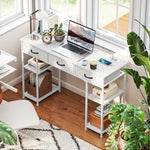 Bureau avec rangement avec prises de courant, 3 tiroirs en tissu et 4 étagères de rangement, 120 x 40 x 76 cm, blanc