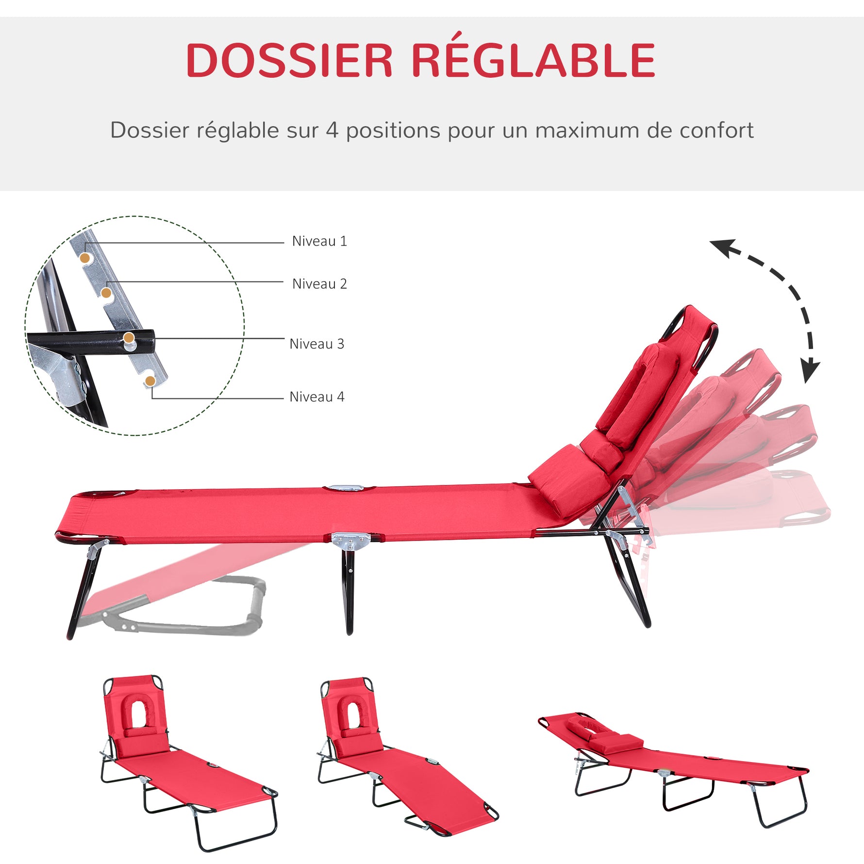 Bain de Soleil Pliable transat inclinable 4 Positions Chaise Longue 3 Coussins fournis Rouge