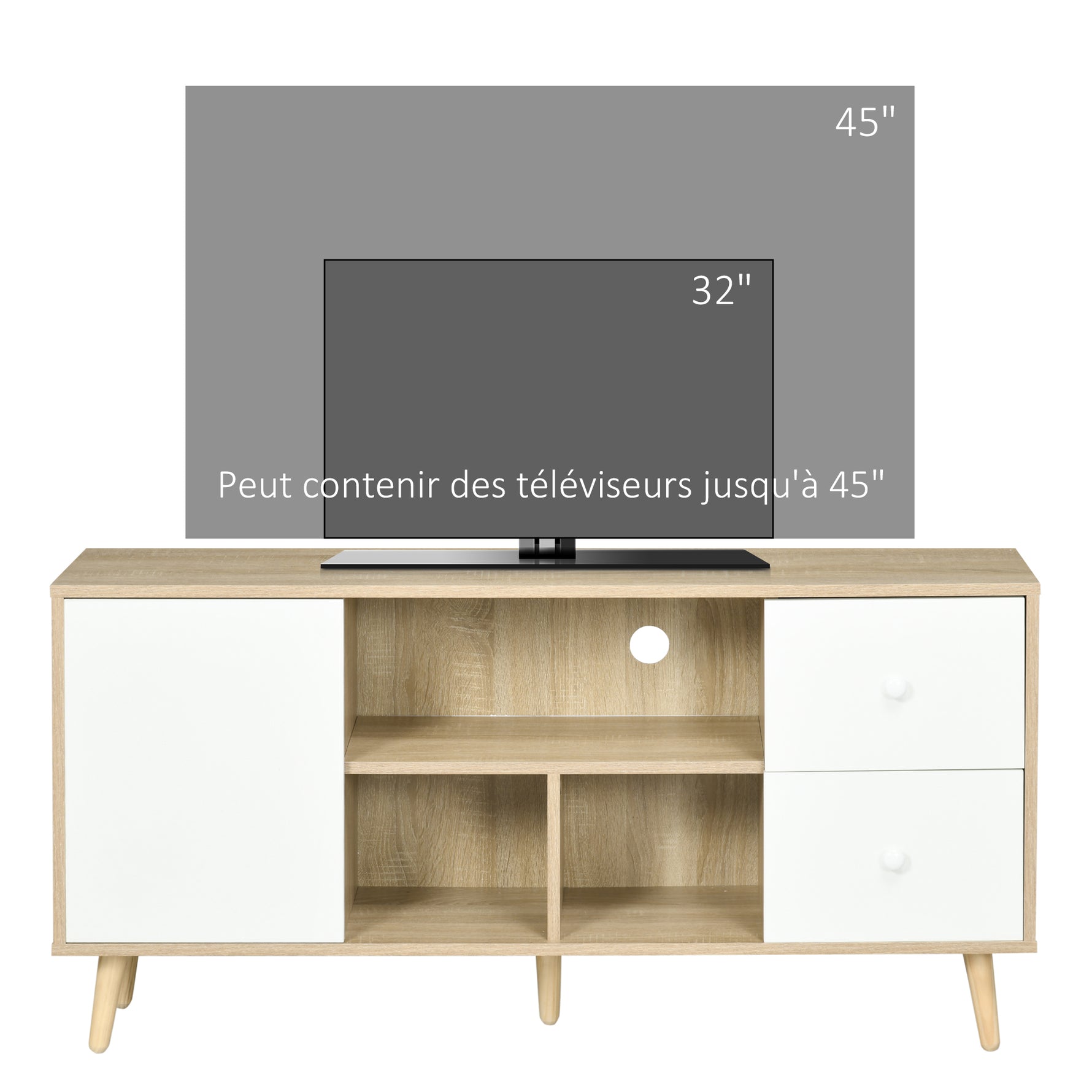 Meuble TV pour télévision jusqu'à 45 pouces pieds en bois massif style scandinave 3 niches 1 placard 120 x 30 x 60 cm