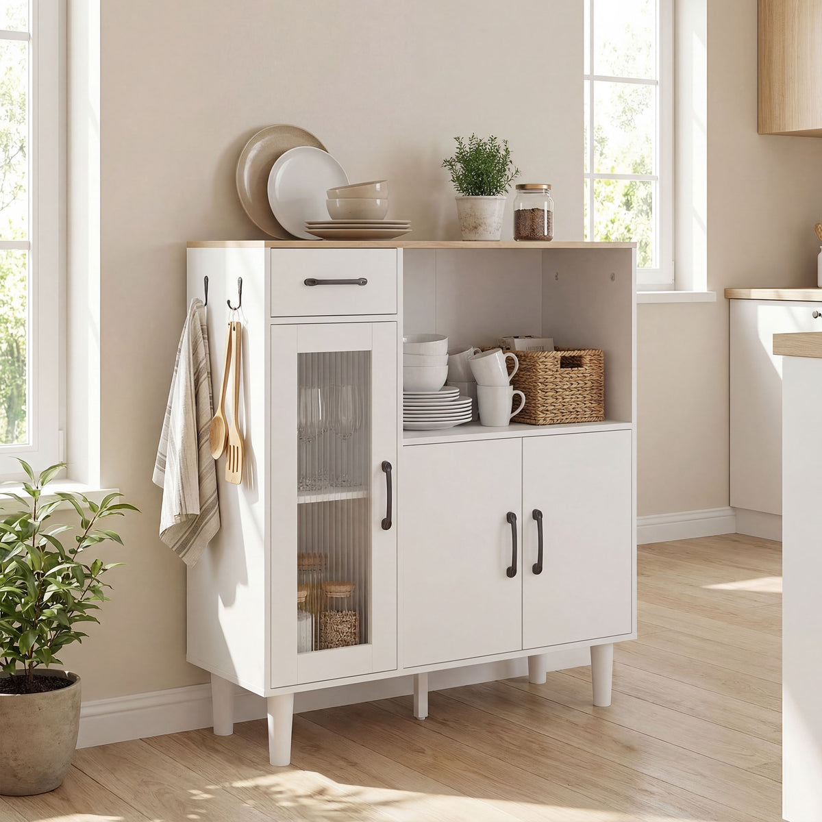 Buffet cuisine, meuble de rangement avec tiroir, 3 portes dont 1 en acrylique cannelée, étagère ouverte, blanc et chêne
