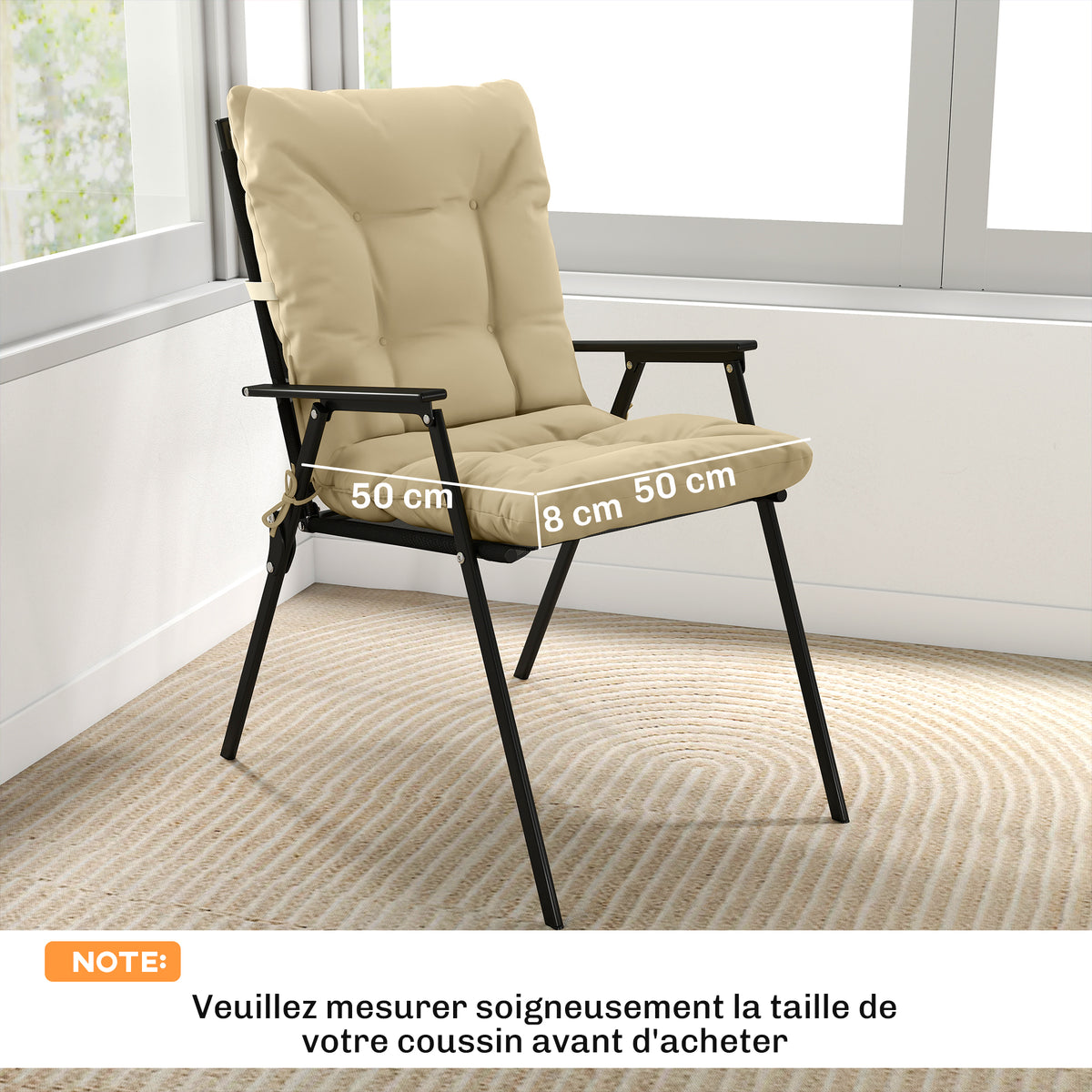 Lot de 2 coussins de chaise d'extérieur, coussins de jardin avec attaches, intérieur et extérieur, 120 x 50 x 8 cm, beige