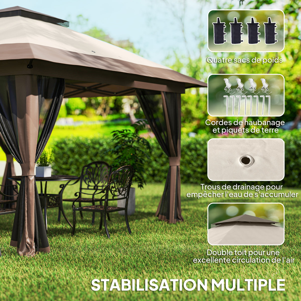 Gazebo da giardino pieghevole pop-up con doppio tetto protezione UV 50+ con 4 zanzariere con zip 4 x 4 m beige