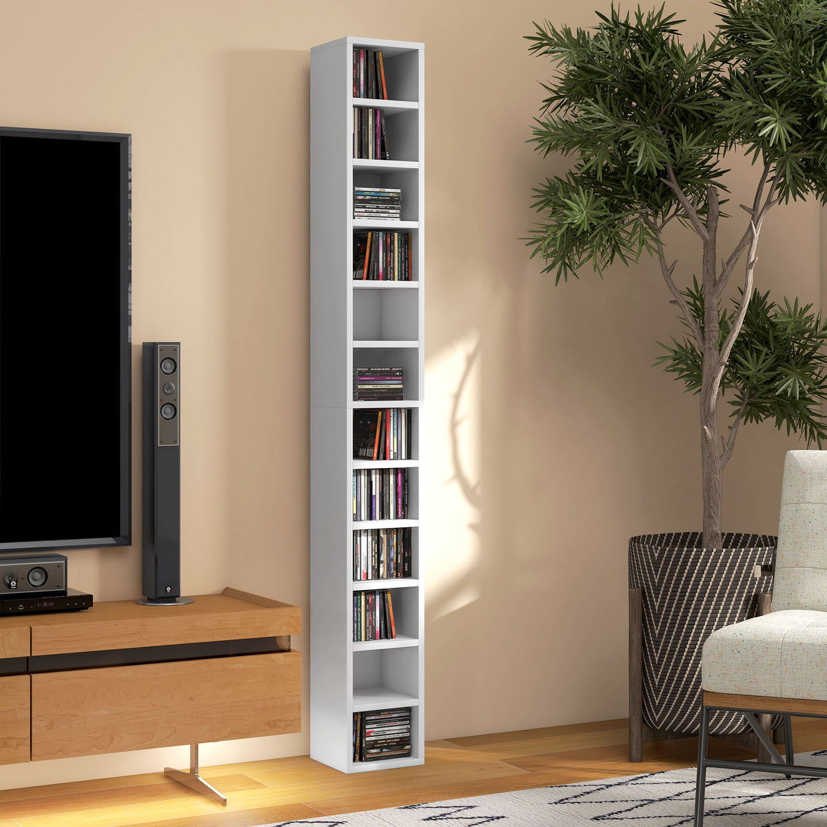 Estantería para CD y DVD con 12 compartimentos, capacidad máx. 204 CD, 21 x 20 x 175 cm, blanco
