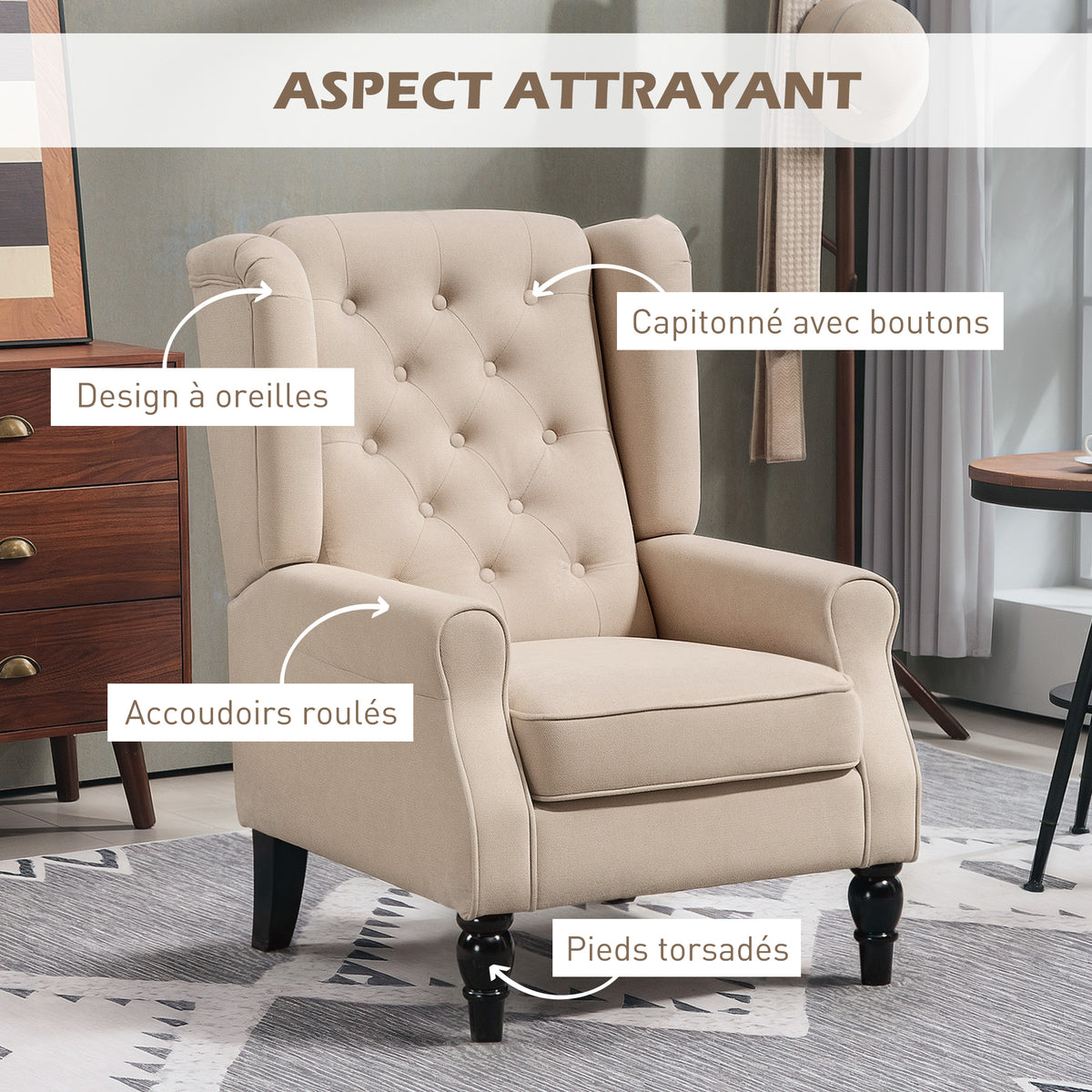 Gecapitonneerde fauteuil met brede zitting, houten poten, klassieke stijl, zeer comfortabel, 74 x 86 x 102 cm, beige