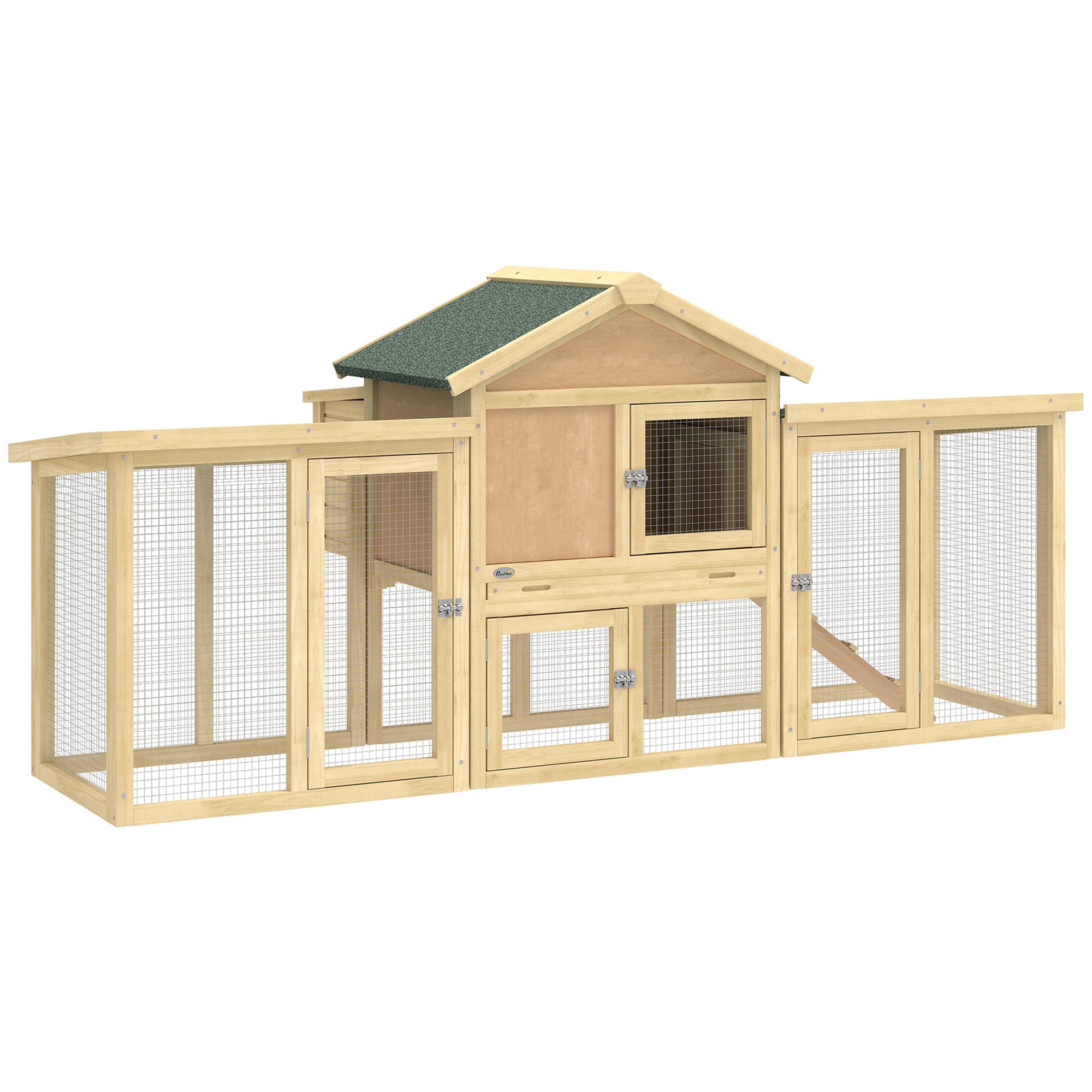 Poulailler clapier modèle chalet multi-équipé : rampes, nichoirs, plateau, en bois massif 204 x 85 x 93 cm bois naturel