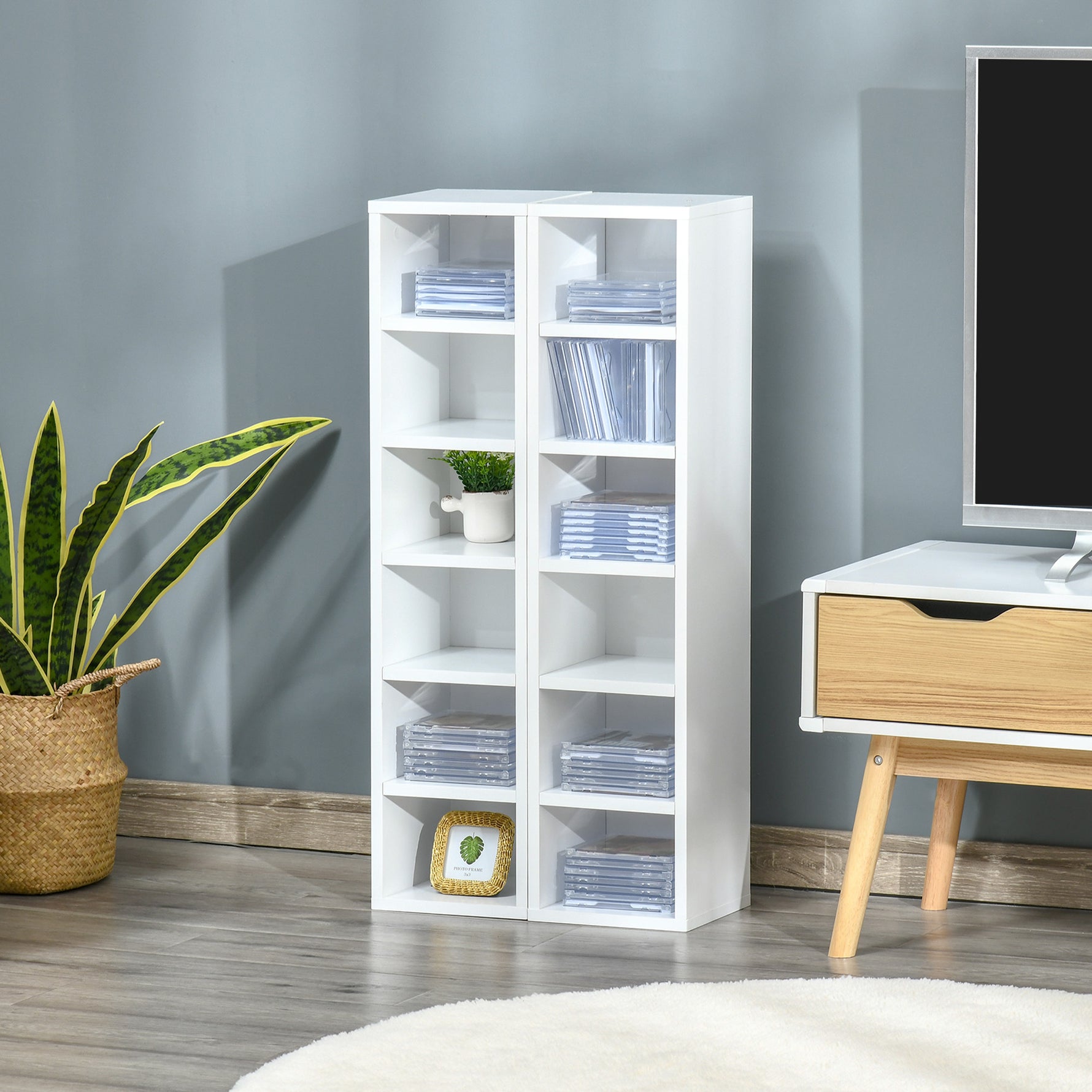 Lot de 2 étagères colonnes Armoire de Rangement CD-DVD 6 + 6 Compartiments dim. 21L x 19l x 88H cm capacité Max. 160 CD Blanc