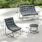 Salon de Jardin 4 Pièces avec Coussins Épais 8cm Ensemble Mobilier Extérieur en Acier et Textilène Respirant Gris