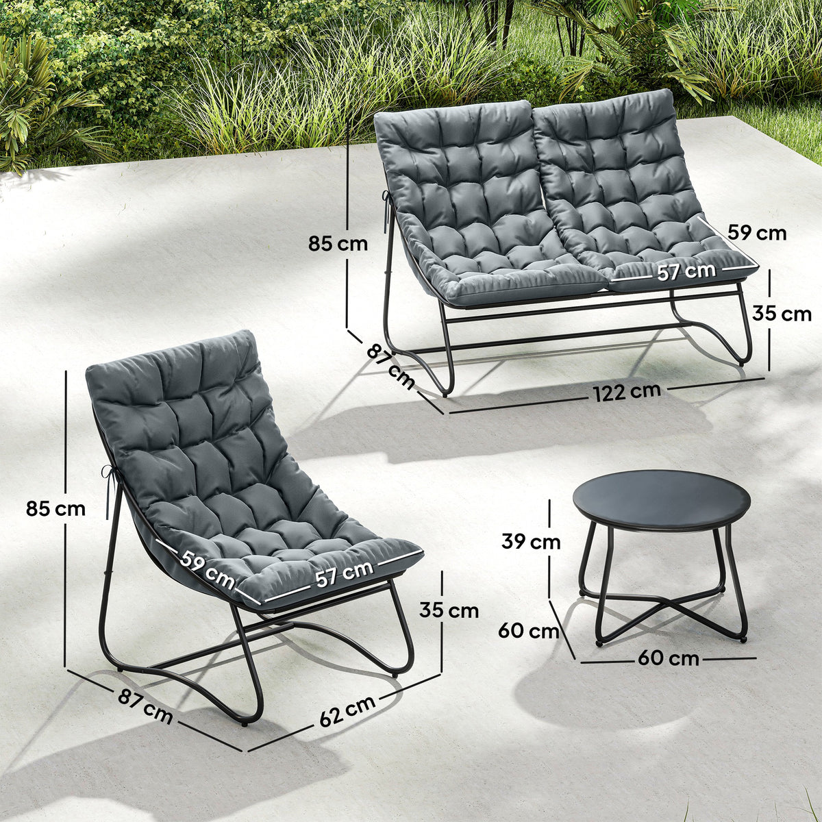 Salon de Jardin 4 Pièces avec Coussins Épais 8cm Ensemble Mobilier Extérieur en Acier et Textilène Respirant Gris