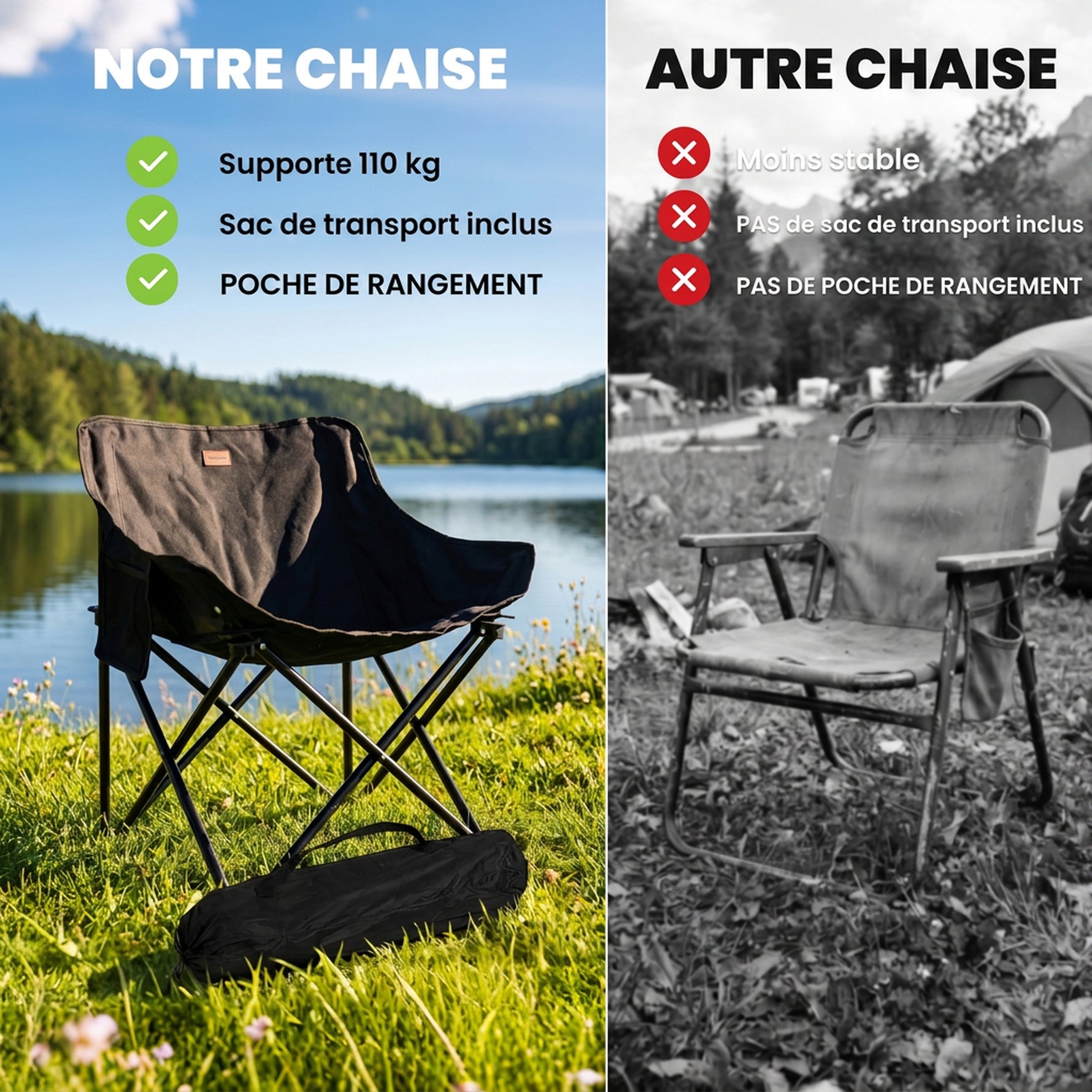 Chaise de camping pliable avec sac de transport et pochette latérale compact ultra légère noir