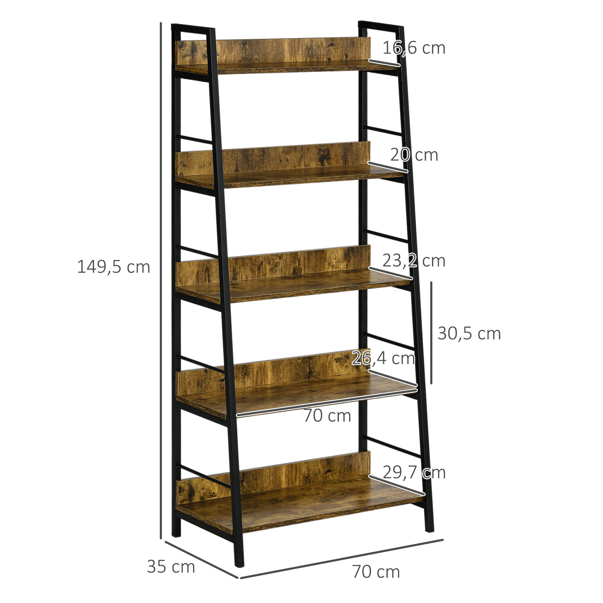 Étagère bibliothèque Style Industriel incliné 5 Niveaux 70L x 35l x 150H cm