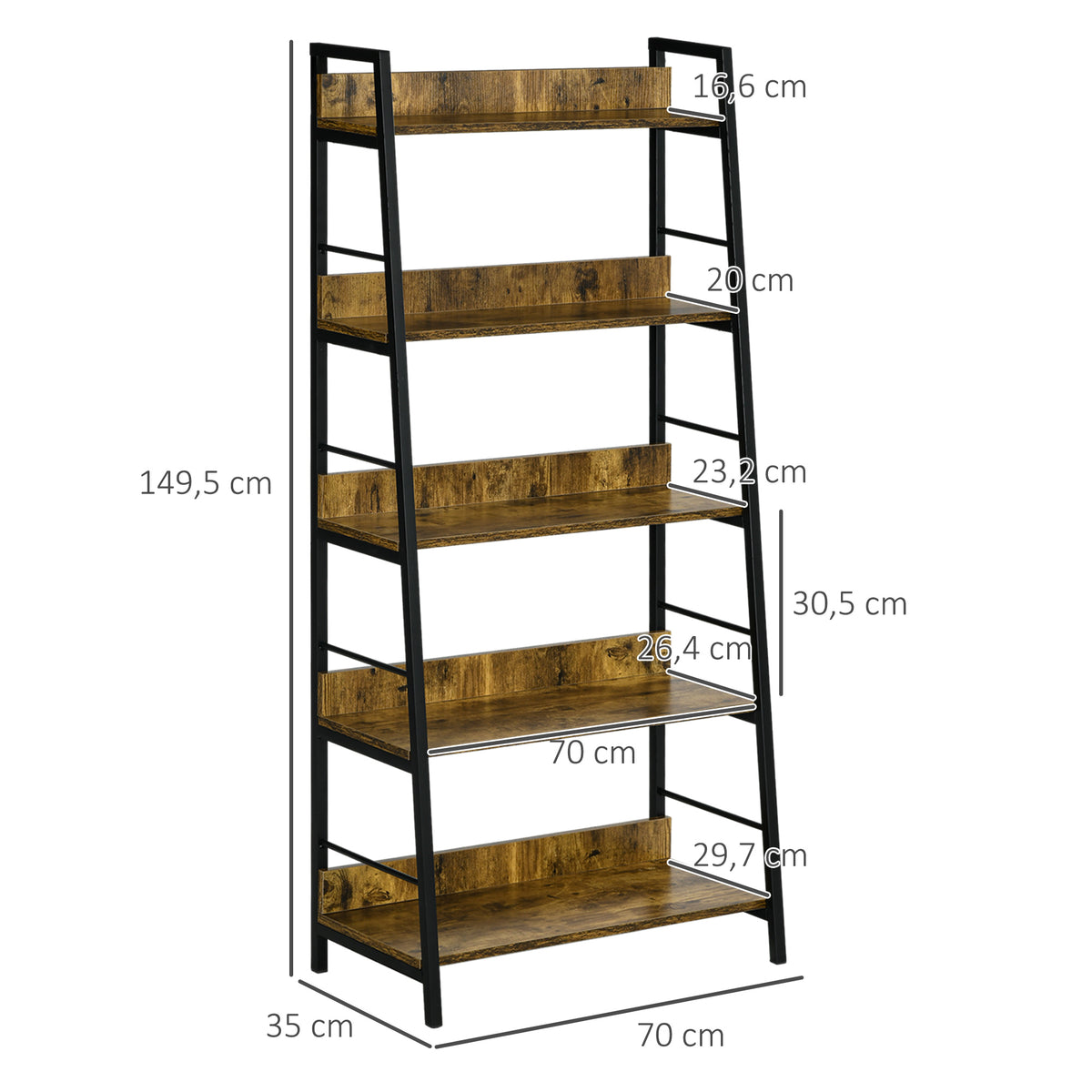 Étagère bibliothèque Style Industriel incliné 5 Niveaux 70L x 35l x 150H cm