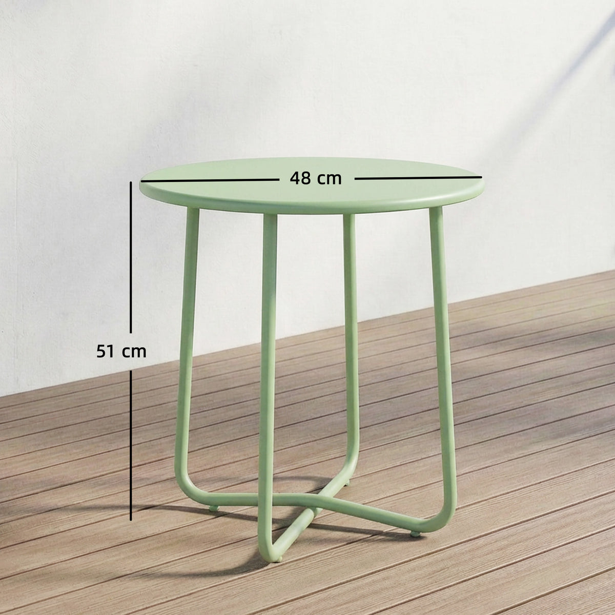 Table Basse Extérieure avec Bord Enroulé, Base en X avec Pieds Réglables en Hauteur, pour Salon Terrasse, Ø48x51cm, Vert