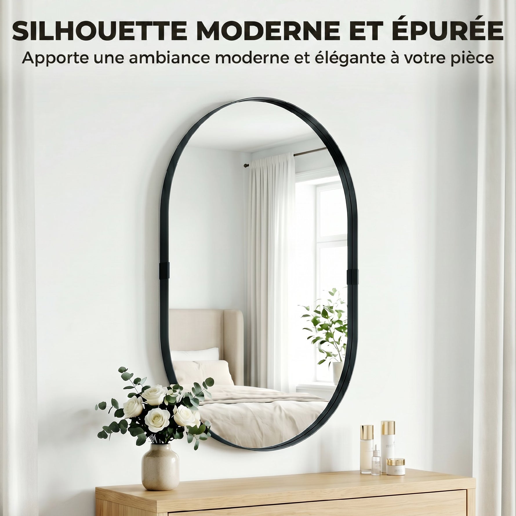 Miroir mural, miroir décoratif 60 x 90 cm en verre trempé et cadre en aluminium, pour chambre, salon, couloir, noir