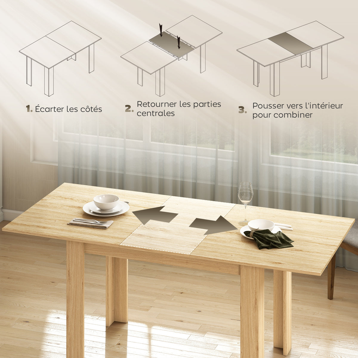 Jangelako mahai zabalgarria, sukaldeko mahai laukizuzena, 6-8 pertsonarentzat, 140-180 x 80 cm, egur naturalaren efektukoa
