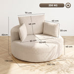 Pouf Canapé Rond en Chenille, Grande Assise, 2 Coussins, 1 Dossier, 1 Traversin, Charge 250kg, 130x130x82cm, Crème