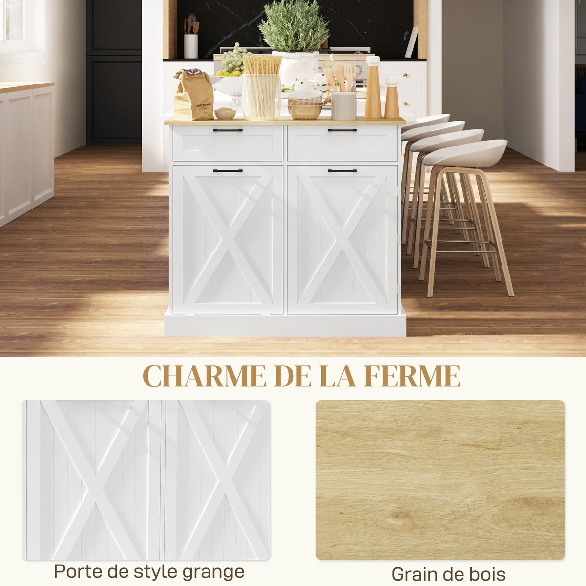 Credenza da cucina con mobiletto per pattumiera da 38L, mobile da cucina, 2 cassetti, portaspezie e piano di lavoro, bianco