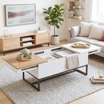 Table Basse Extensible avec Plateau Coulissant, Table de Salon avec Rangement Caché et Pieds en Acier, Blanc