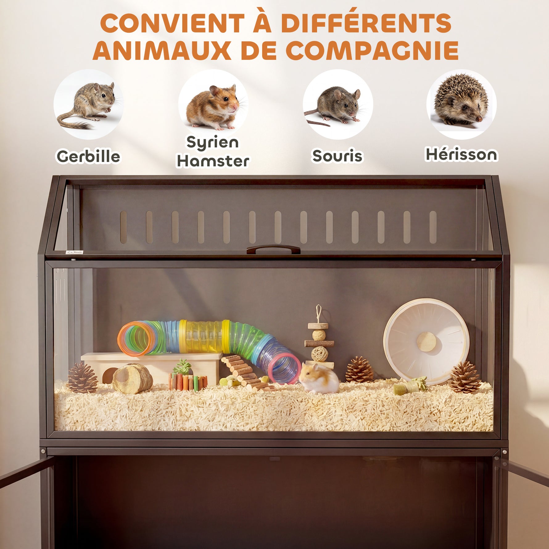 Cage Hamster 2-en-1 avec Armoire de Rangement pour Rongeur Hamster Syrien et Souris Acier et Acrylique Noir