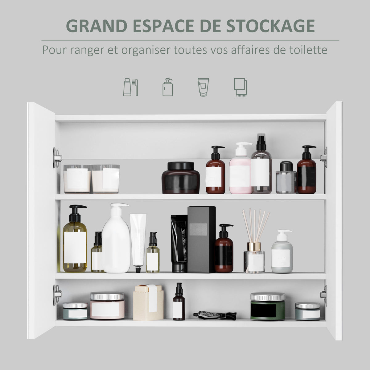 Armoire murale salle de bain avec miroir, 80 x 15 x 60 cm, meuble salle de bain, armoire de toilette avec double portes et étagères réglables, blanc