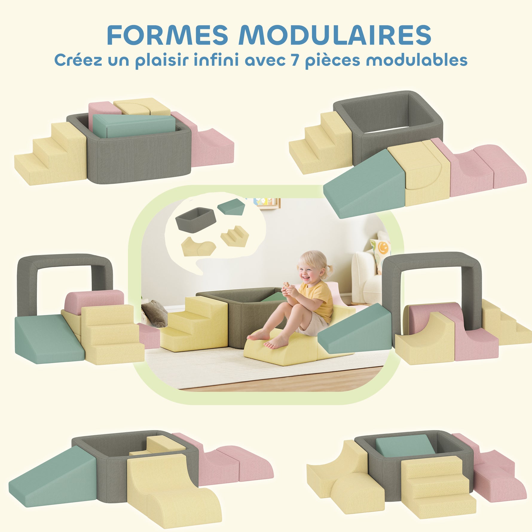 Parcours motricité bébé modulable en mousse 7 pièces housse lavable en velours côtelé 174 x 174 x 30 cm multicolore