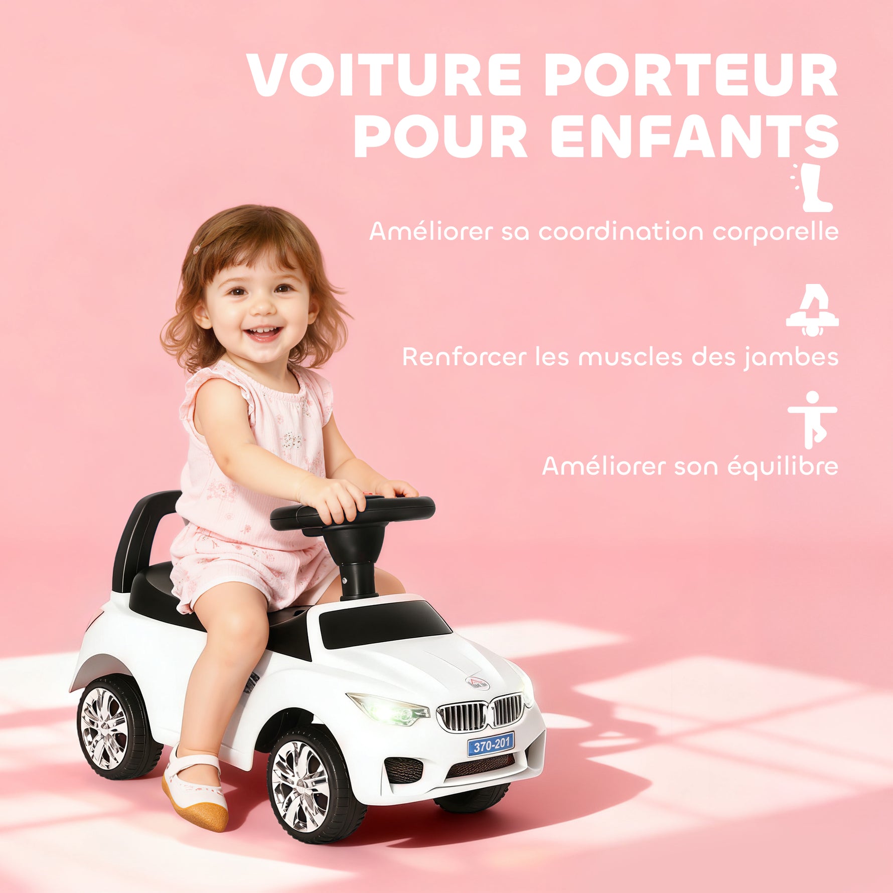 Porteur enfants voiture, véhicule à pousser avec coffre à jouets, klaxon, phares et musique, 63,5 x 28 x 36 cm, blanc