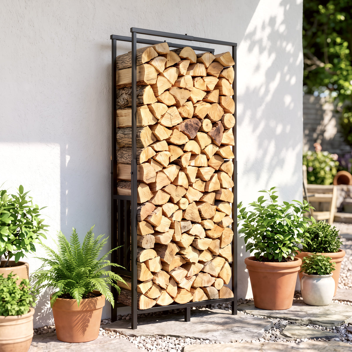 Range Bûches en Acier, Largeur & Hauteur Réglables, Étagère pour Bois de Cheminée, Charge 100 kg, 75,5x25x170cm, Noir