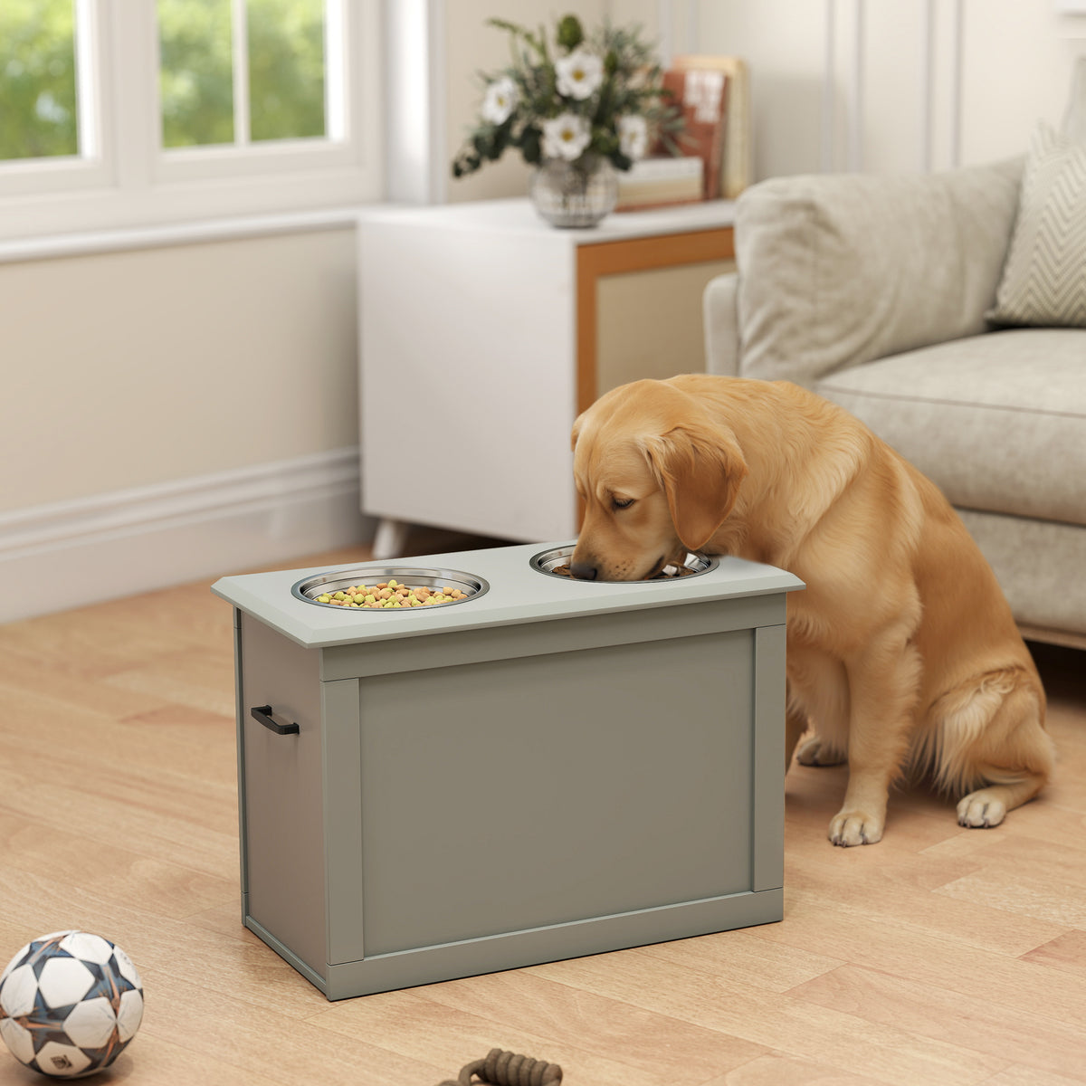 Gamelles chiens surélevées gamelle double chien chat Porte-gamelles surélevé dim. 60L x 30l x 41H cm 2 gamelles 2L poignées coffre bois gris