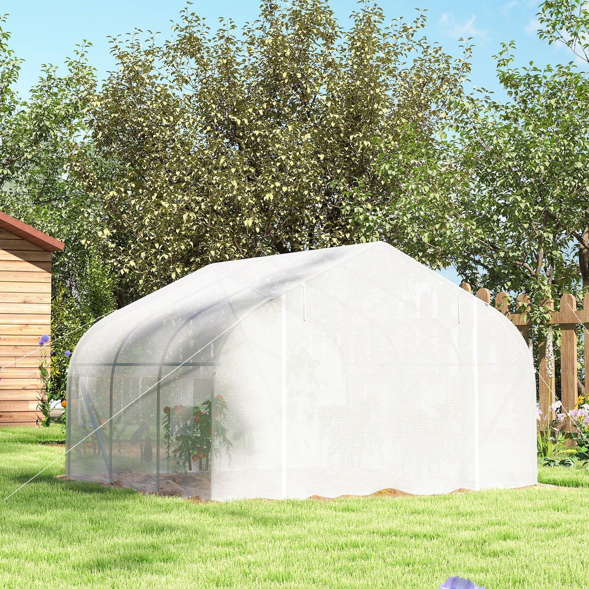 Serre Tunnel de Jardin 13,35 m² dim. 4,5L x 3l x 2H m Porte + 6 fenêtres enroulables Acier galvanisé bâche PE Haute densité Blanc