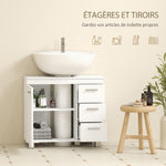 Meuble sous lavabo, meuble de salle de bain avec 3 tiroirs et porte à fermeture amortie, 70 x 30 x 64 cm, blanc