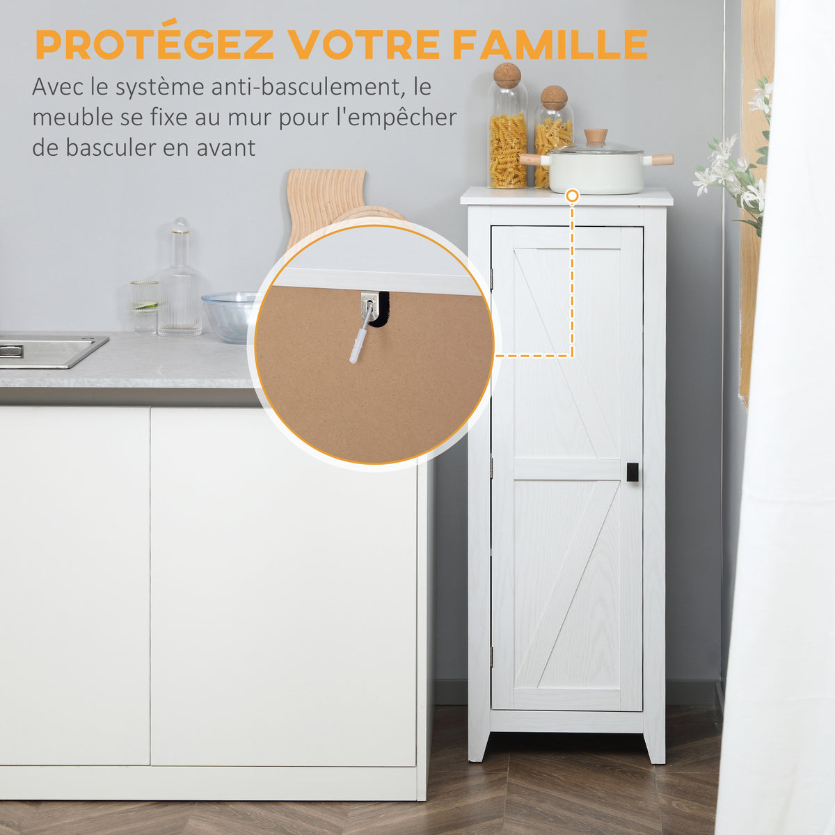Armadietto da appoggio credenza cucina mobiletto multiuso per bagno salvaspazio stile classico con 2 ripiani regolabili - Altezza 120 cm in legno bianco