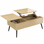 Table basse relevable avec double plateau, table de salon avec compartiment caché et pieds en métal, bois naturel