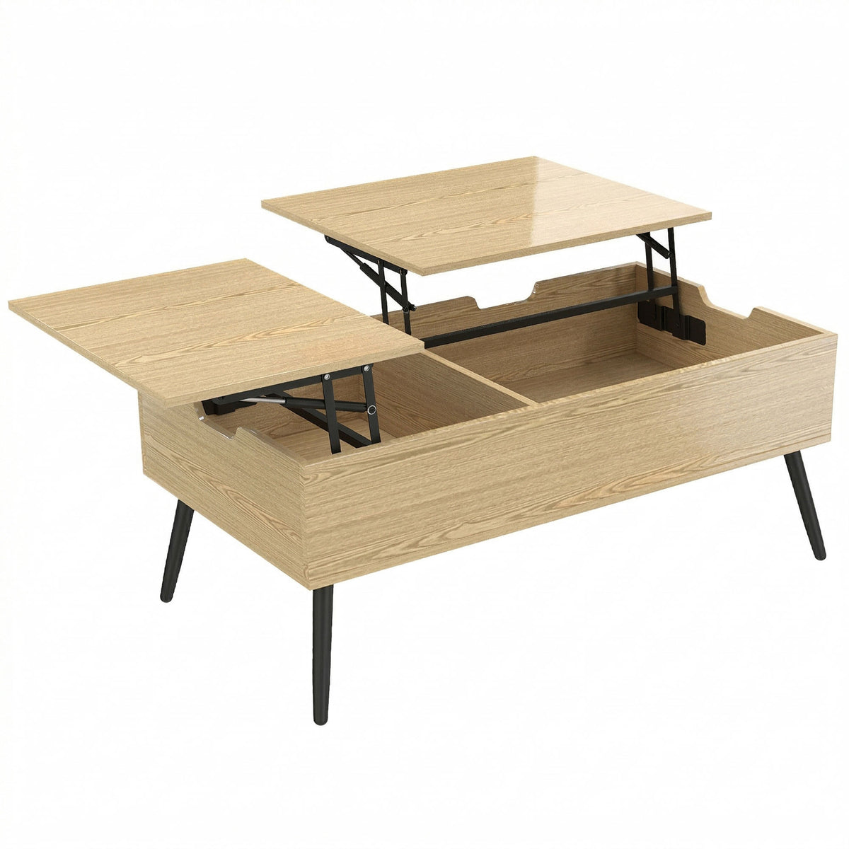 Table basse relevable avec double plateau, table de salon avec compartiment caché et pieds en métal, bois naturel