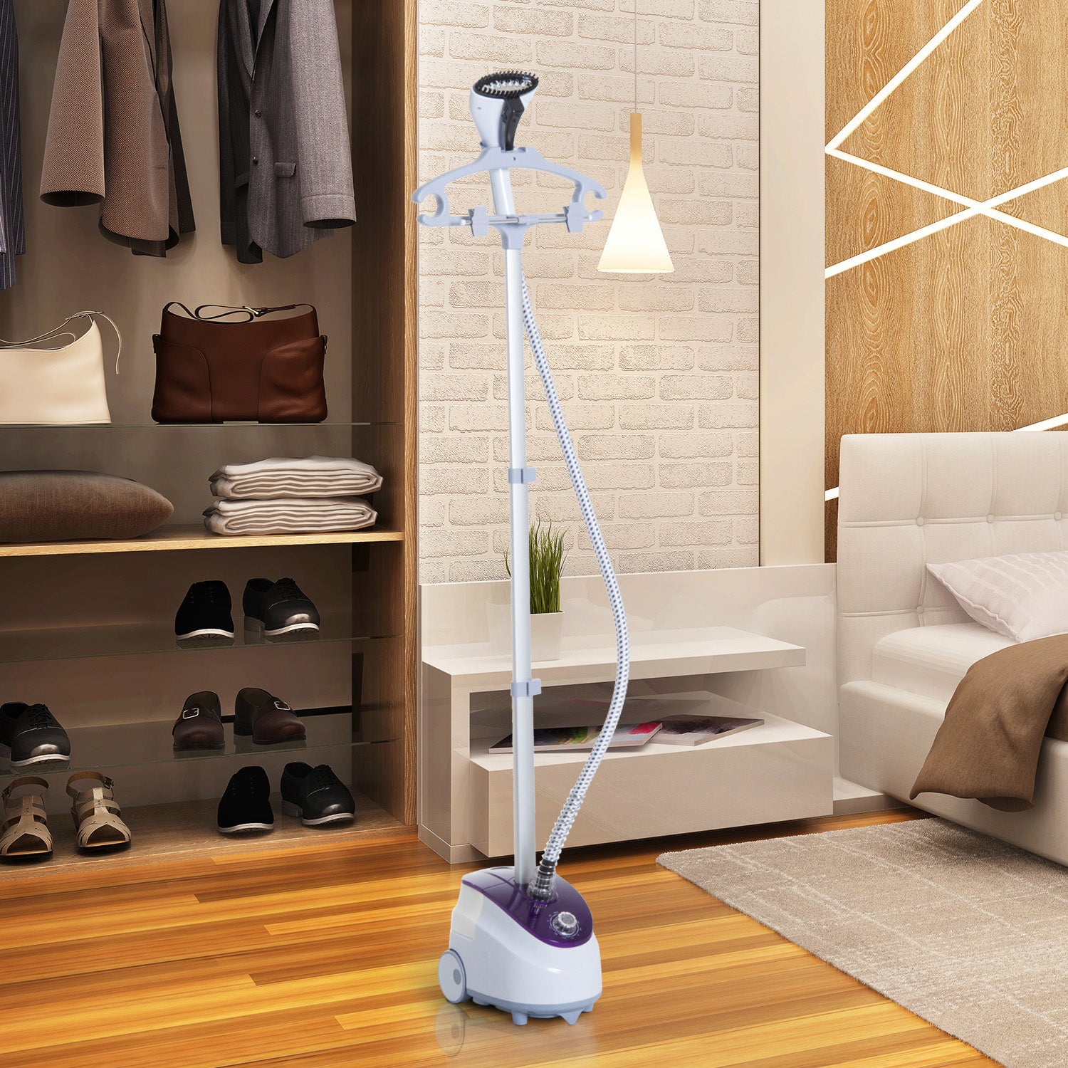 Défroisseur Vapeur Vertical Défroisseur à Vêtements 1,8 L 1800 W, Débit Vapeur 30g/min, Tige Télescopique, Blanc Violet