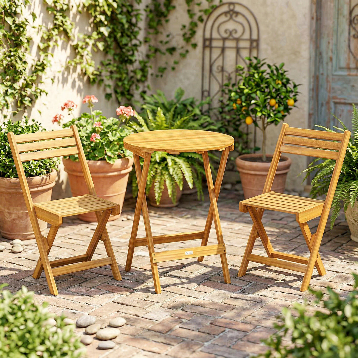 Set de bistró plegable de 3 piezas de madera de acacia con mesa redonda y 2 sillas, sin montaje, 60x60x75 cm, natural
