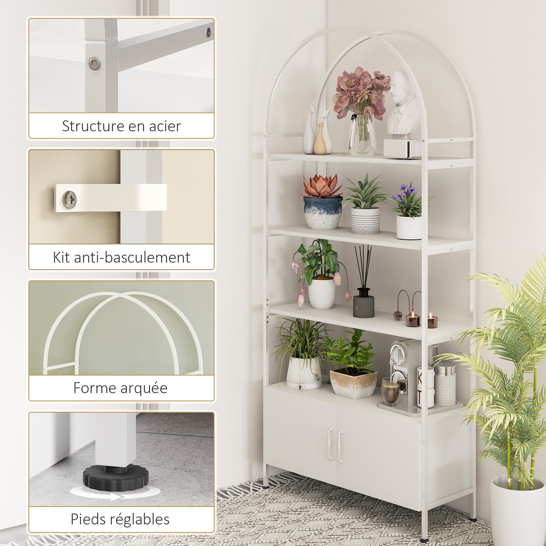 Étagère de rangement, bibliothèque arquée à 4 niveaux avec placard double porte, 80 x 30 x 187 cm, blanc