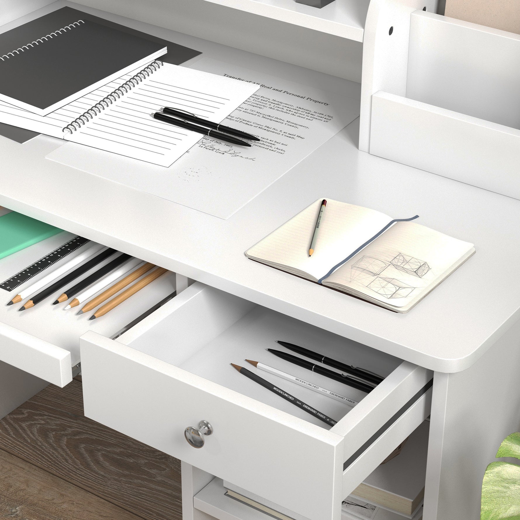 Bureau enfant avec chaise ergonomique avec clavier coulissant tiroir niches et étagères ouvertes 90 x 45 x 90 cm blanc