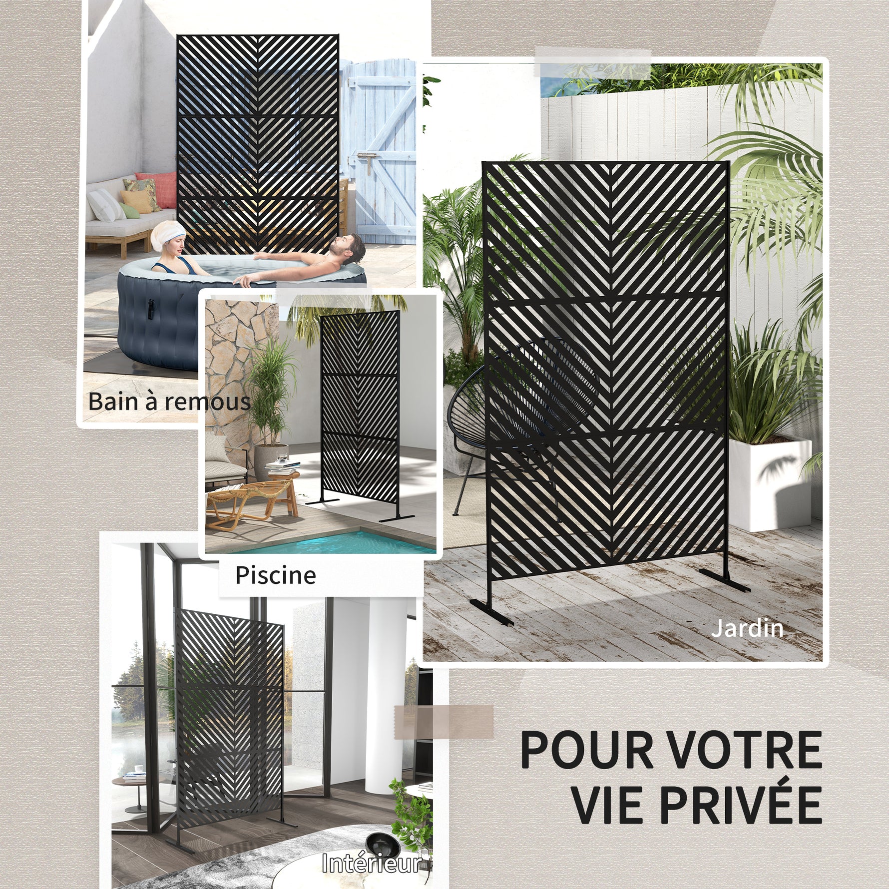 Panneau brise vue décoratif paravent extérieur à motif géométrique ajouré en métal - 122 x 45 x 198 cm, noir