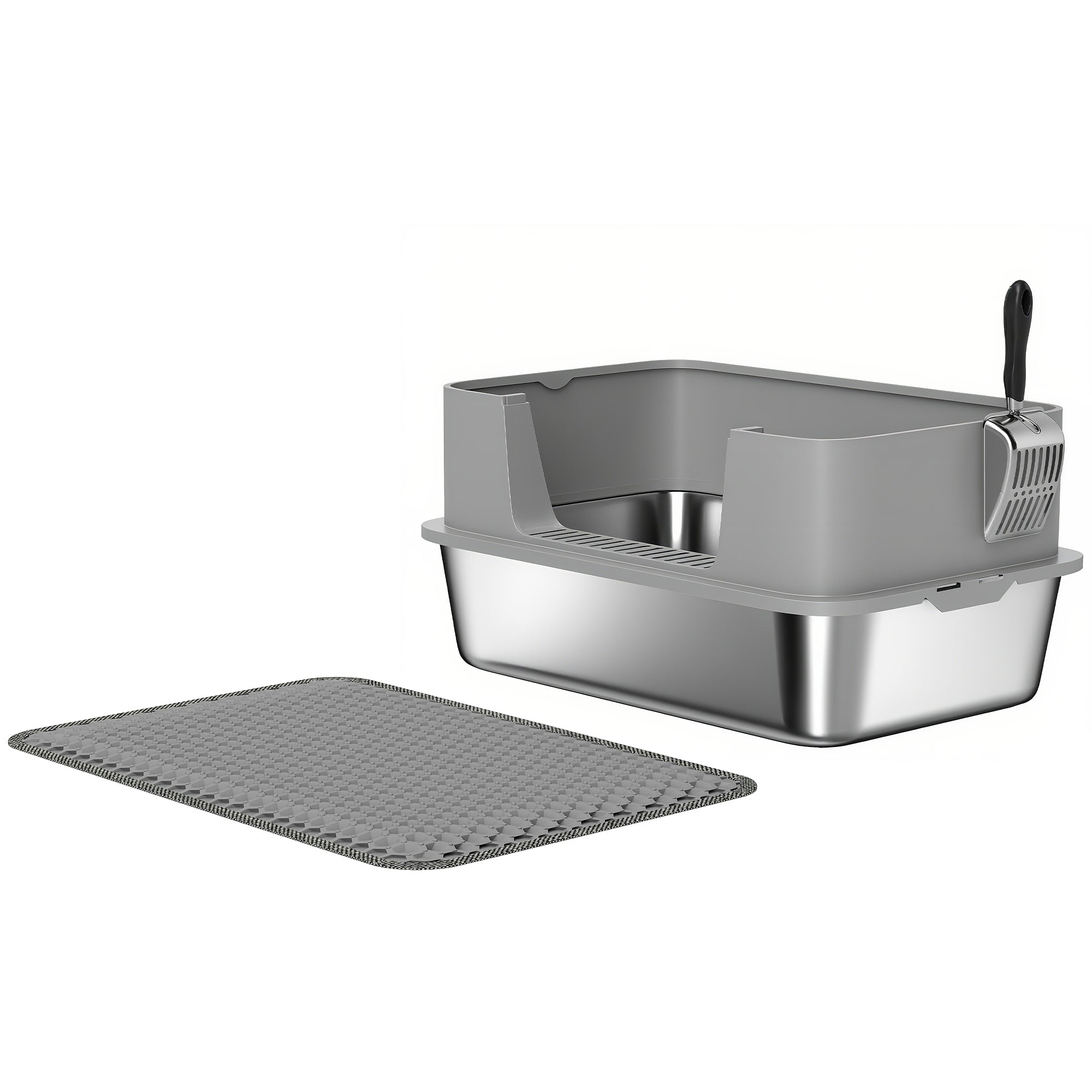 Bac à litière XL en acier inoxydable, maison de toilette pour grand chat, nettoyage facile 60,2 x 40,2 x 29,5 cm, gris