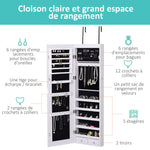 Armoire à bijoux suspendue au mur ou à la porte avec miroir, LED, 5 étagères, 2 tiroirs, 37x10x120cm, effet bois grisé