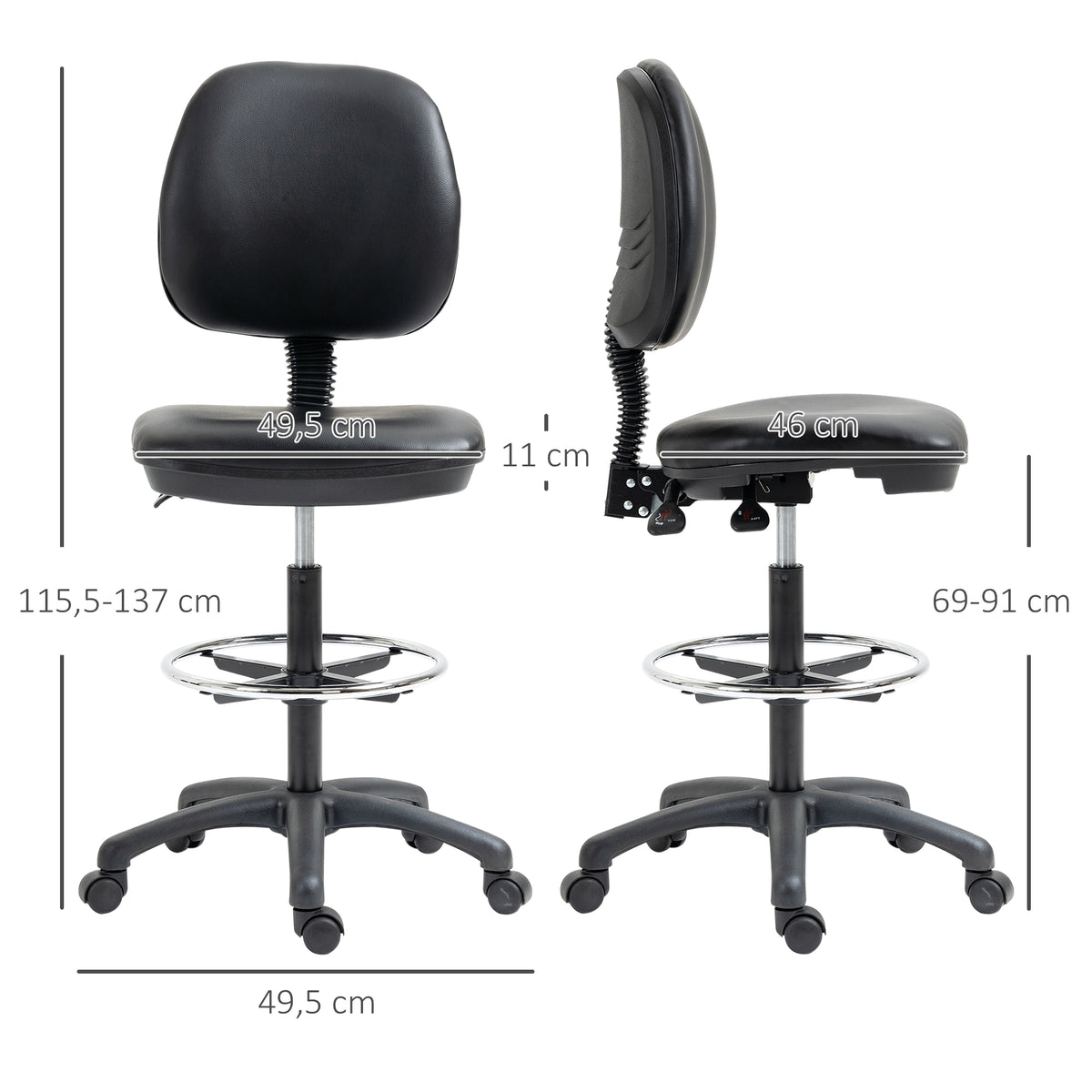2 tabureteko sorta, altueran erregula daitezkeenak (69-91 cm), bizkarralde makurkorra eta oin-euskarri erregulagarria dituztenak