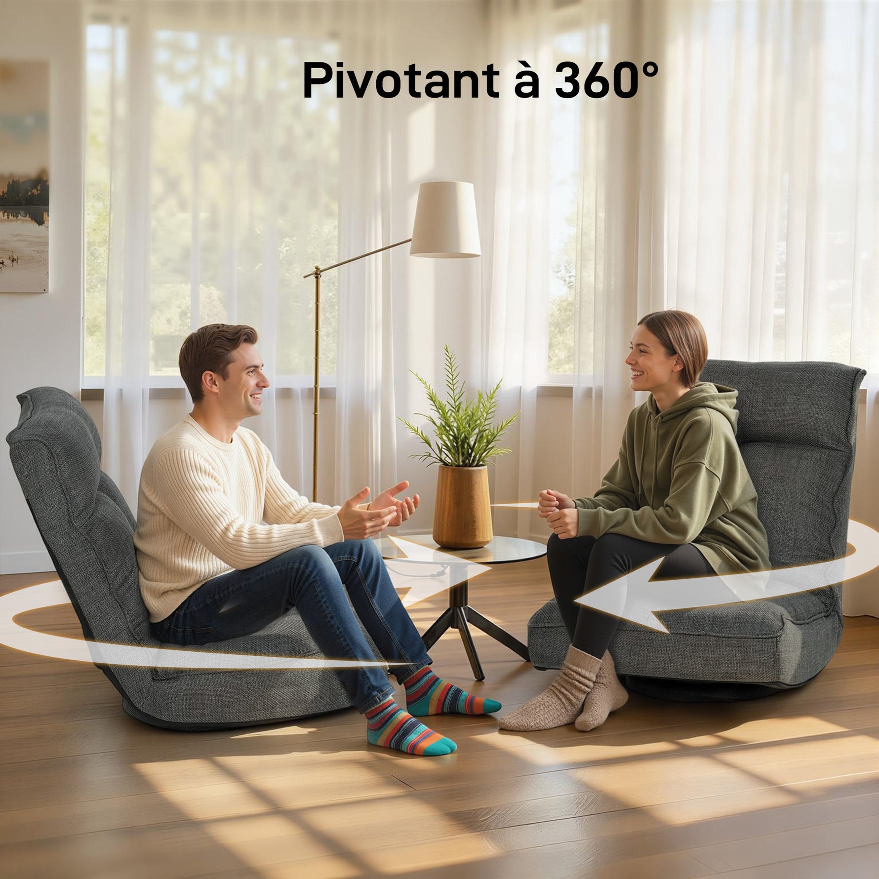 Fauteuil de sol pliable pivotant à 360°, chaise de sol rembourré avec dossier réglable en 5 positions, 58x107x79cm, gris