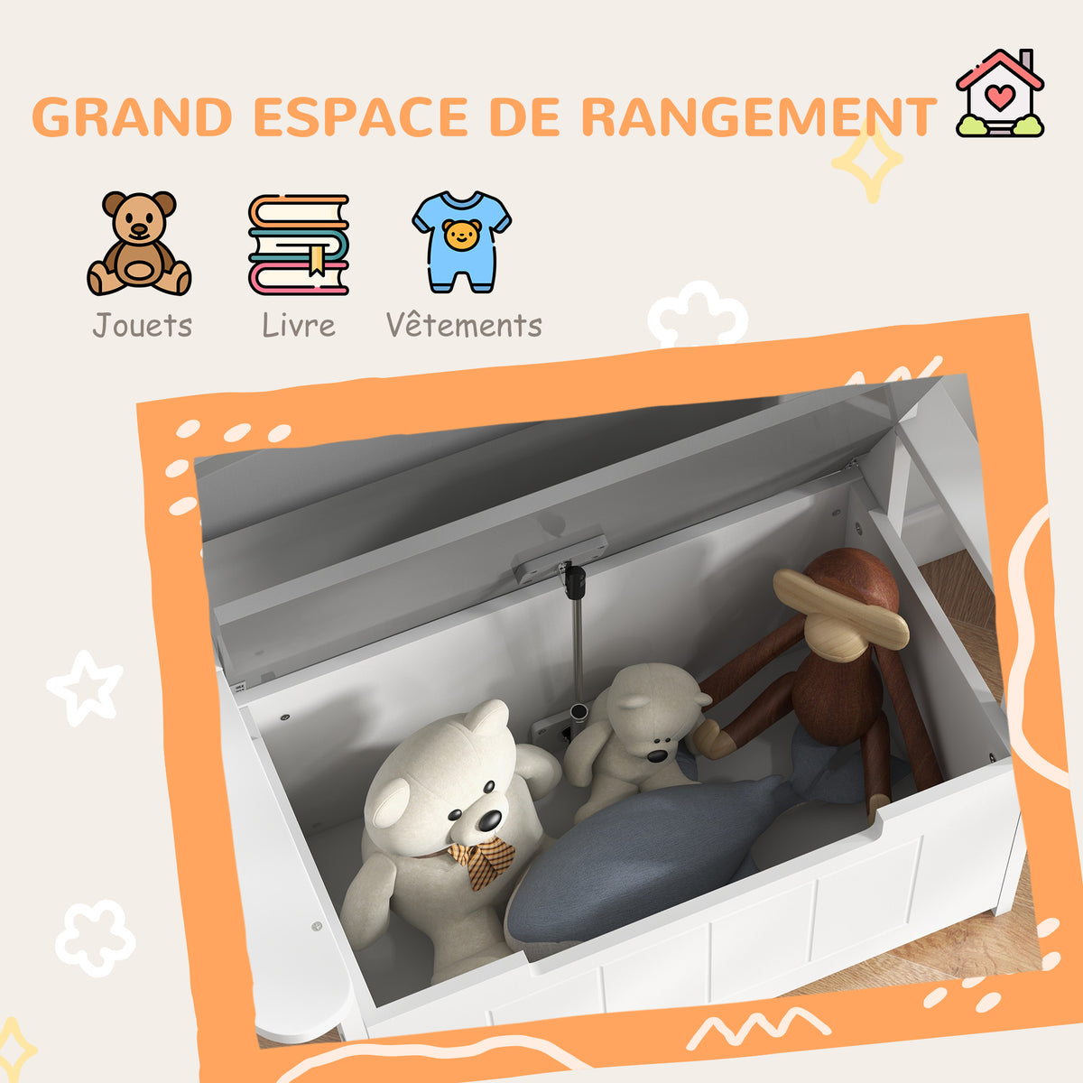 Coffre à jouets pour enfants 2 en 1 et banc avec dossier et accoudoirs - vérin pneumatique 68,5L x 34l x 58H cm