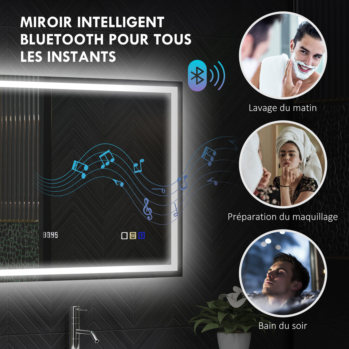 Miroir salle de bain LED bluetooth 80 x 100 cm interrupteur tactile lumière réglable 3 couleurs anti-buée mémoire argent
